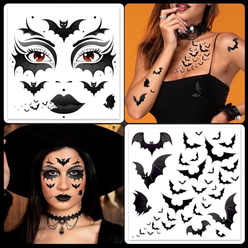 HOWAF 4 Sheets Halloween Bat Face Tattoos, Halloween Bats Tattoos Sticker for Hallows' Eve Masquerade Halloween Cosplay Raves Costume Accessories, Flaying Black Bat Temporary Tattoos Sheets