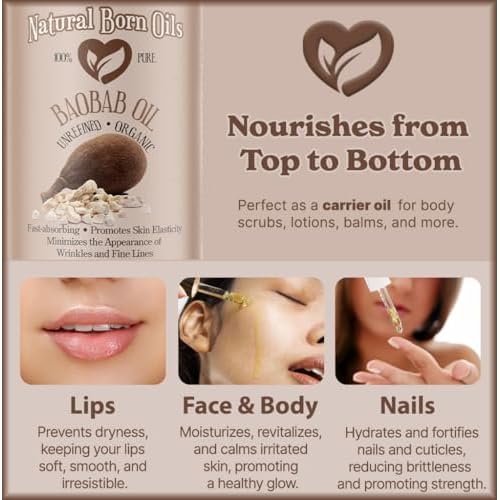 Natural Born Oils Baobab Oil, 8oz, Organic, Cold-Pressed, Antioxidant-Rich, Enhances Skin Elasticity, Strengthens Hair
