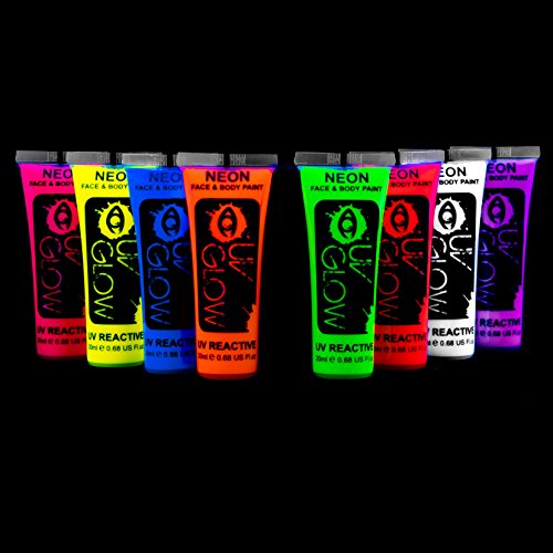 Neon Body Paint Set of 8 - 0.68oz Each, Glow in the Dark, Blacklight UV Body Paint for Parties, Festivals and Events Neon Fluorescent