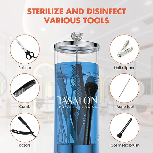 TASALON Barber Jar (45.5 oz) with Crystal Handle - Disinfectant Jar for Salon, Spa and Manicure Shop - Durable Glass and Sterilizing Container with Removable Stainless Steel Basket - Large