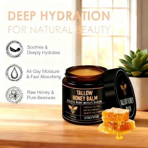 2Pack Beef Tallow for Skin, tallow and honey balm,tallow face moisturizer, Hydrating Tallow Balm with Raw Honey and Beeswax, Grass-Fed Beef Tallow & Raw Wild Honey Blend, Body & Face Moisturizer (OR)