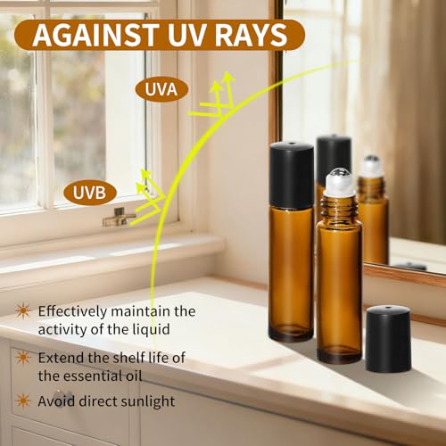 48 Pack 10ML Roller Bottles for Essential Oil, Empty Amber Glass Roller Bottle for Perfume Oil, Roll on Bottles with Stainless Steel Roller Balls, Opener, Funnel and Dropper for Aromatherapy, Massage