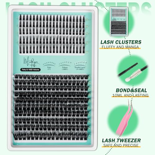 Lash Clusters Kit, 100D Long Lash Clusters & Spiky Manga Lashes,Volume Individual Eyelash Extensions with Bond & Seal, DIY Fluffy Cluster Lashes for Fairy/Dramatic Look