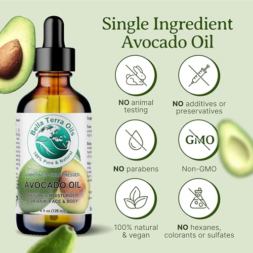 Bella Terra Oils - Avocado Oil 8 oz - Cold-Pressed Excellence, Brimming with Oleic Acid & B-Vitamins, Ideal Complement for Skin Care Regimens