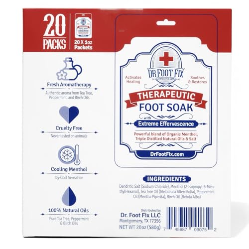 Therapeutic Foot Soak. Organic Tea Tree, Peppermint & Birch Oil. Helps Soak Toenail Fungus, Athletes Foot & Stubborn Foot Odor - Soothes Feet - Tingles for Hours (20 Pack Retail Box)