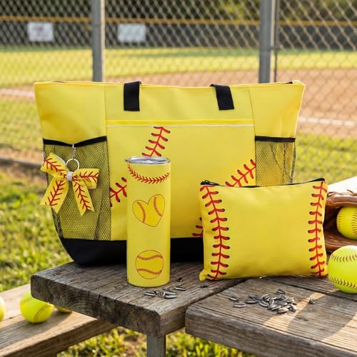 Patelai 4 Pcs Softball Gifts Set Softball Basket Stuffed Including Tote Bag 20 oz Tumbler Makeup Bag Keychain(Yellow)