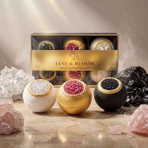 Crystal Luxe Bath Bomb Set, 6 Luxury Bath Bombs by Jane & Bloom, Moisturizing Fizzies for Relaxing Home Spa, Gift Set for Women, Men and Teens, Valentine's Day Gift Set