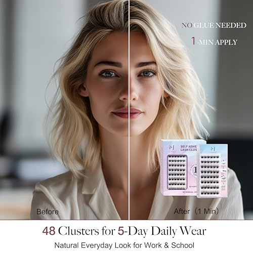 JoMay Self Adhesive Eyelashes, Press on Lashes No Glue Needed, Glueless Lashes Pre-Glued Natural Cluster Extension Kit D Curl For Beginners, No Sticky Residue 1 Step DIY 48PCS 10-16mm X03