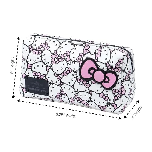Impressions Vanity Hello Kitty Cosmetic Pouch with Waterproof Faux Leather, Zippered Bag For Travel Size Toiletries, Makeup Bag Organizer With Inside Pocket With Extra Slip Pocket (White/Pink)