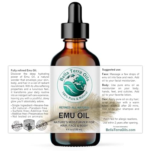 Bella Terra Oils - Emu Oil 4 oz - Genuine Pure Australian Emu, Infused with Linoleic & Oleic Acid, Perfect Companion for Lustrous Skin