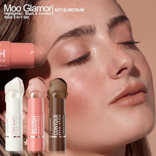 3-in-1 Highlighter,Blush and Contour Sticks Trio with Highlighter Stick Contour Stick and Blush Stick for Cheeks and Face Makeup (Set B Medium)