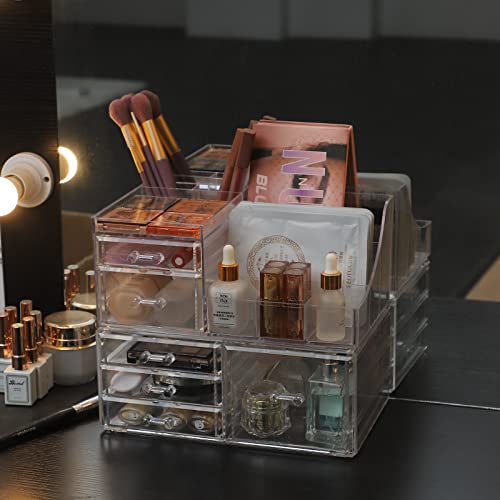 Cq acrylic 2 Pack Clear Makeup Storage Organizer,Stackable 6 Drawers Make Up Organizers,Cute Desk Organizer for Vanity Jewelry,Hair Clip,Beauty,Skincare Product Bathroom Counter Organizers and Storage