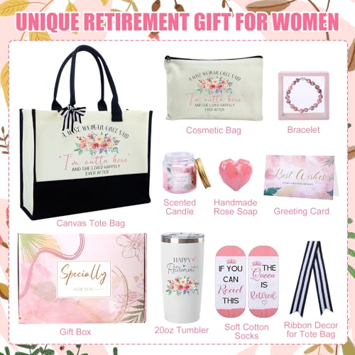 Happy Retirement Gifts for Women, Thank You Gifts Bag Basket for Mother Coworker Teacher Nurse Boss Friend Grandma Retirees Female Retired Gift with Canvas Tote Bag Tumbler Socks