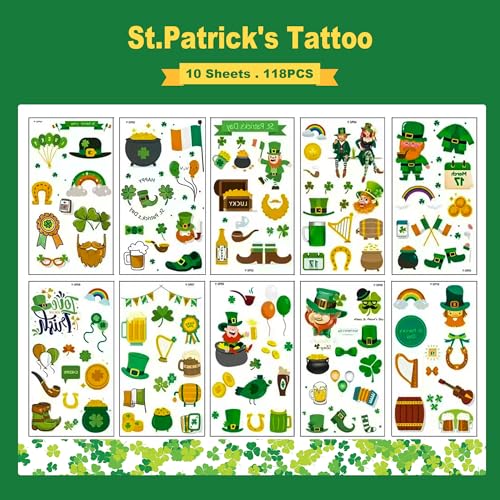 10 Sheets St Patrick's Day Tattoos,Temporary Tattoo Shamrock Assorted Face Body Sticker,for Saint Patrick's Day Decoration Irish Clover Themed Party Supplies