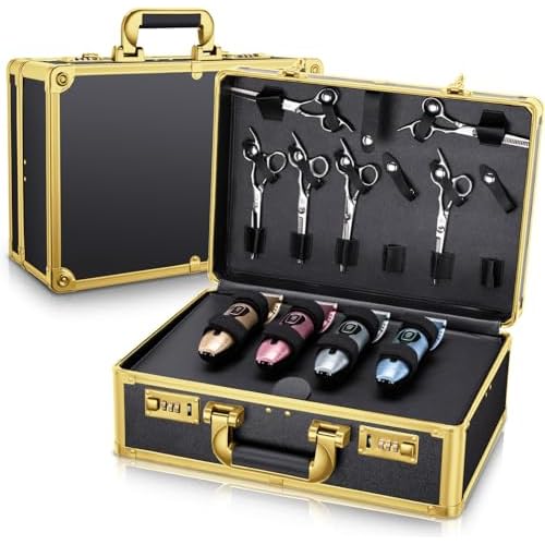 Noverlife Gold Password Lock Barber Carrying Case, 16x11x6in Large Salon Hair Cutting Tools Storage Box, Portable Hairdresser Travel Suitcase Grooming Scissor Organizer for Hairstylist Pet Groomer