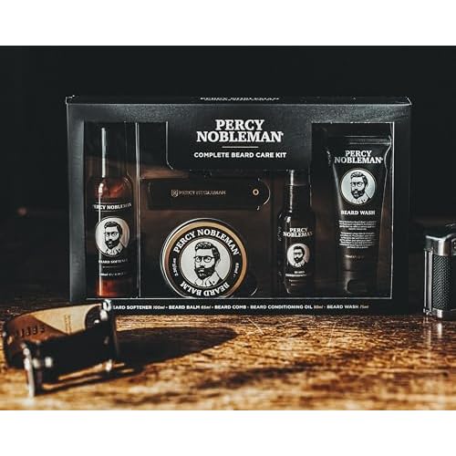 Percy Nobleman Complete Beard Care Kit ? Beard Grooming Gift Set with Beard Softener, Scented Beard Oil, Beard Balm, Beard Wash and Folding Acetate Comb for Softening, Hydration & Styling