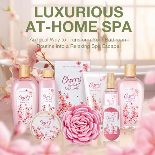 Green Canyon Spa Gifts for Women 11 Pcs Cherry Blossom Spa Gift Baskets Luxurious Birthday Gift for Mom Her Friend Sister Wife Mothers Day Gifts for Her Bath and Body Gift Sets Presents for Her