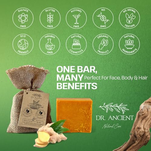 Dr.Ancient Turmeric Soap Bar, Organic Soap Bars Handcrafted the Traditional Way, Natural Chemical-Free, Vegan, Used for Face Wash, Body Wash, and Hand Cleansing, Moisturizing, Nourishing Care