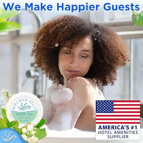 BERGMAN KELLY - Hotel Soap Bars - White Tea, 0.5 oz, 100 PK - Travel Size Luxury Bulk Amenities Bar Soap - Mini Individually Wrapped Round Soap - Small Toiletries for Airbnb, Motel, Guest Bathroom