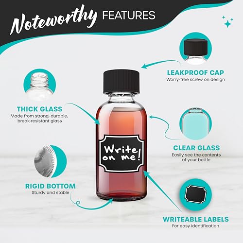 Nevlers Clear 2 Oz Glass Bottles with Lids 48 Pack | 59mL Juice Shot Bottles with Caps for Immunity & Wellness Shots, Ginger, Vanilla Extract, Perfume | Leakproof Travel Shot Bottle Set w/Accessories