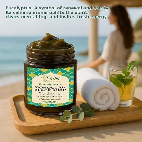 FERIHA Moroccan Black Soap Hammam with Eucalyptus ? Exfoliating Beldi Spa Paste, Natural Olive Cleanser, Body Scrub & Deep Skin Cleanser ? 7oz (Made in Morocco)
