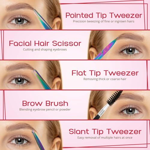 6-Piece Precision Eyebrow Tweezers for Women & Men - Professional Eyebrow & Facial Hair Grooming Kit with 4 Tweezers For Eyebrows, Eyebrow Scissors & Brush - Stainless Steel Tools in Leather Case