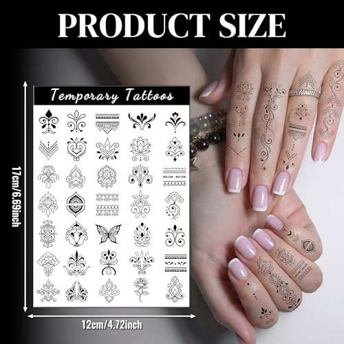 Cerlaza 62 Styles Temporary Tattoos Adult, Henna Hand Finger Fake Tattoos Semi Permanent Tattoo for Women Men, Realistic Long Lasting Small Hannah Tatoo Temporary Kits Stickers Body Art for Neck