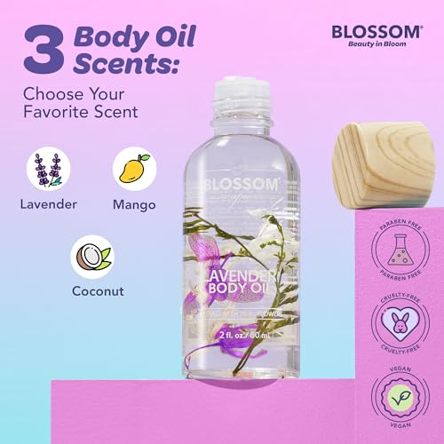 Blossom Skincare Moisturizing and Hydrating Body Oil, Dry Oil Infused wtih Real Flowers, 4floz/120ml, 2 Pack Bundle, Coconut/Lavender