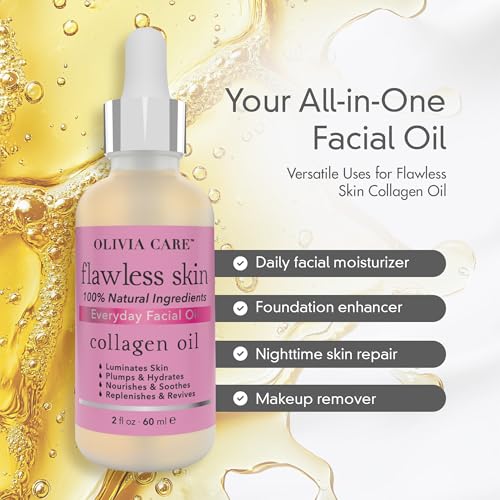 Olivia Care Collagen Facial Oil - Flawless Essential Facial Oil 100% Natural. Nourishing, Reviving & Hydrating Soothing - For All Skin Types - 2 fl oz (Collagen)