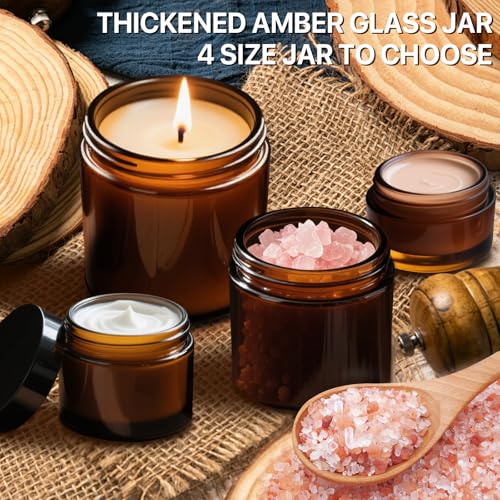 Amber Glass Jars with Lids, 8oz 4oz 2oz 1oz Glass Cosmetic Jars with Inner Liners, Labels & Spatulas, Reusable Lotion Containers for Creams, Body Butter, Scrubs, DIY Cosmetics ? 16 Pack