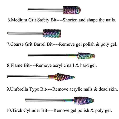 Nail Drill Bits Set, 10Pcs Tungsten Carbide Drill Bits for Nails Remove Acrylic Poly Nail Gel Polish, 3/32" Nail Files for Nail Cutter Cuticle Manicure