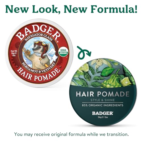 Badger Hair Pomade for Men, Organic, Easy to Use, Subtle Masculine Scent, Medium Hold Hair Pomade with Medium Shine Finish, Nourishes Hair & Scalp 2 oz Tin
