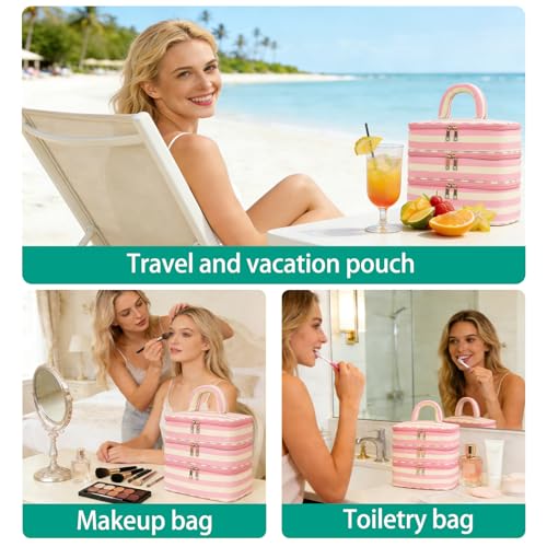 Three Layer Makeup Bag for Women Fashion Stripes Cosmetic Bag Preppy Style Travel Water-Resistant Toiletry Bag for Storage Toiletries Cosmetics Sets for Women Teen Girls Pink