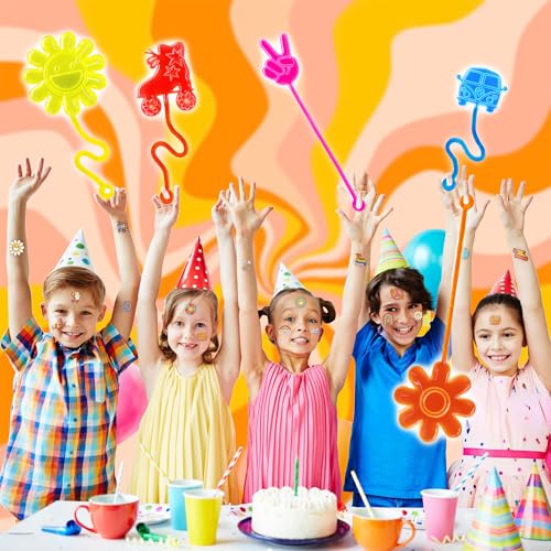 48PCS Groovy Party Favors - 24PCS Groovy Temporary Tattoos & 24PCS Groovy Stick Hands - Perfect Birthday Favors, Goodie Bag Stuffers, Treasure Box Toys, Classroom Prizes, and Student Gifts