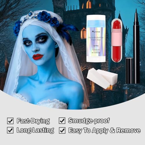 Mysense Sally Makeup Kit,Halloween Corpse Bride costume,Sally Face Cosplay Accessories for Women,Light Blue Face Paint+Red Double-Ended Lipstick+Black Eyeliner+Sponges