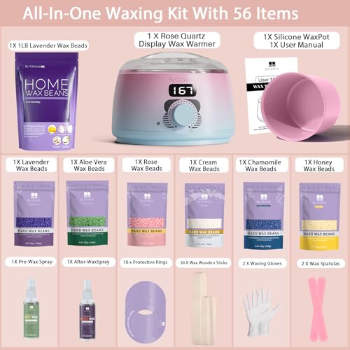 BLITZWAX Brazilian and Bikini Waxing Kit with 1lb Lavender Wax Beads, Digital Wax Warmer for Face, Legs, Body, Beginner Friendly, At Home Hair Removal Kit for Women, 7 Packs Wax Beans