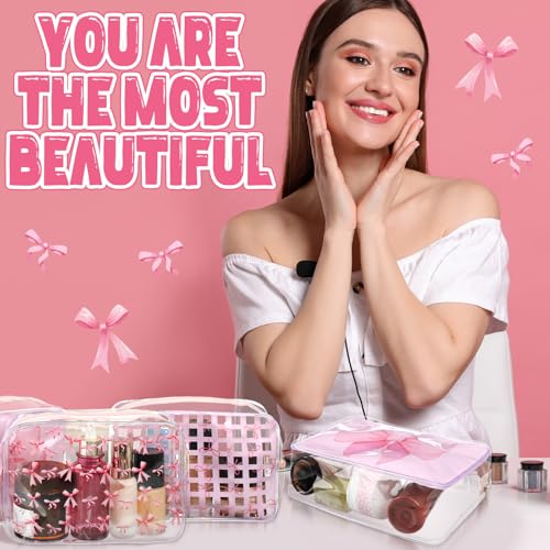 12 Pcs Clear Pink Bow Makeup Bags Bulk for Women PVC Coquette Cosmetic Bag with Zipper Travel Toiletry Pouch Pink Bow Team Gifts for Birthday Coquette Party Favor Storage Accessories