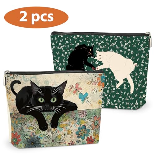 DETIGER 2 PCs Floral Cat Makeup Bag Cat Lover Gifts Cat Gifts Cosmetic Bag, Cat Mom Gifts Cat Themed Gifts for Women Best Friends Coworkers, Cute Cat Stuff Christmas birthday Gifts Zipper Pouch