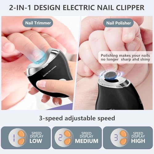 Electric Nail Clippers for Seniors and Women, LED Light Electric Nail Trimmer Adult with 3 Speeds, Safe Automatic Fingernail Grinder with Storage, Baby Nail Care, Do Not Trim Your Toenails (Black)
