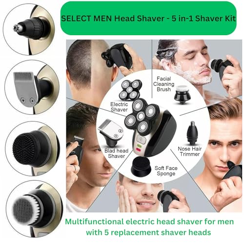 Electric Head & Body Hair Shaver - Men's Cordless Rechargeable Wet/Dry Skull Bald Head Back & Groin Waterproof Razor with Rotary Blades, Clippers, Nose Trimmer, Brush, Massager