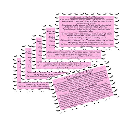Lash Lift + Tint Aftercare Instruction Cards | 50 Pack | 2 x 3.5¡± inches Business Card Size | Eyelash Lift and Tint Kit at home diy aftercare supplies | Lash Print with Pink Inlay Design