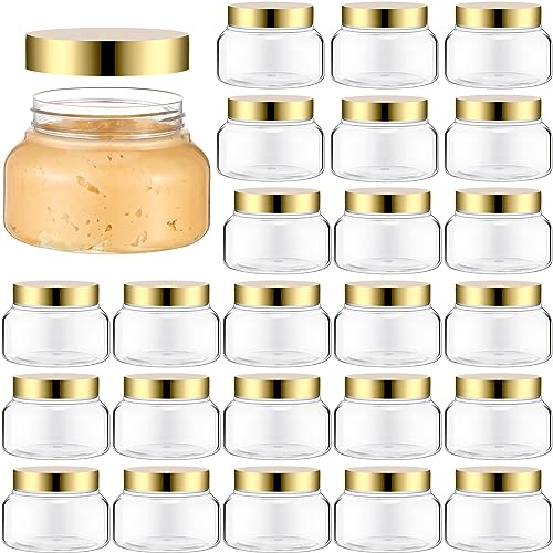 Mumufy Round Plastic Containers Plastic Jars with Lids Empty Travel Containers for Creams Refillable Cosmetic Jars for Lotions Body Scrub Body Butter(8 oz,Gold,Clear,24pcs)