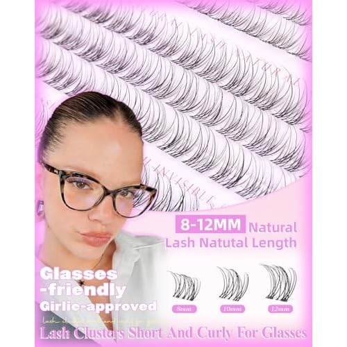 Natural Lash Clusters Kit Wispy Eyelash Clusters Short 8-10-12mm Lash Extensions Kit Invisible Band Lashes Clusters Kit C-Curl Individual Lashes Short Cluster Eyelash Extensions for Glasses