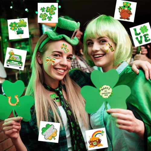 HOWAF 96pcs St. Patrick's Day Temporary Tattoos,Glitter Shamrock Tattoo Stickers for Irish Party Decorations,Lucky Clover Face Tattoos with Leprechaun for Green Party Parade Makeup