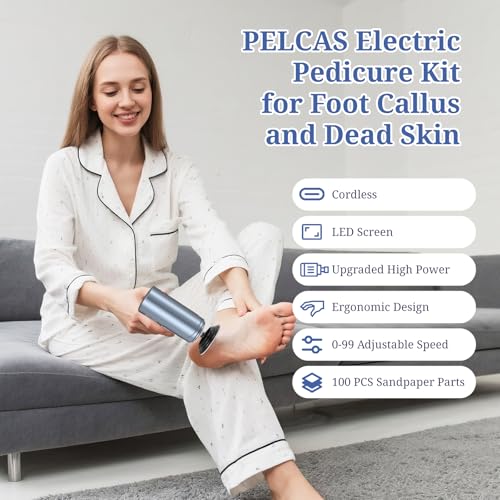 PELCAS Electric Foot Callus Remover with LED Screen, Upgraded Electric Foot File, 2 in 1 Manicure & Pedicure Kit for Women & Men, Cordless Feet Filer for Foot Callus, Thick Nails, Finger Nails Grey