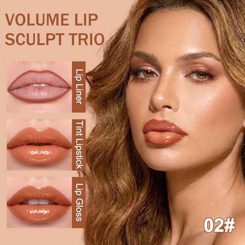 3PCS Lip Combo Set ? Matte Lip Liner Pencil, Hydrating Tint Lipstick & Shine Gloss, Non-Sticky Long-Lasting Plumping Lip Makeup Kit for Women, Volume Sculpt Trio, 02