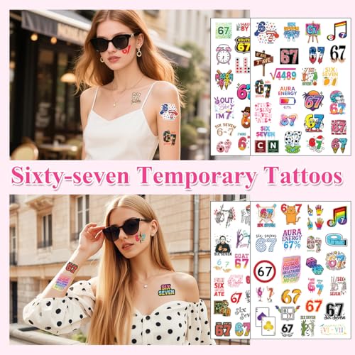 102Pcs 6 7 Meme Temporary Tattoos, Funny Number Six Seven Tattoo Stickers Waterproof Party Favors Decoration Supplies