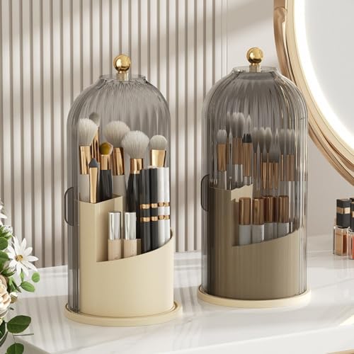 Rotating Makeup Brush Holder with Clear Lid ? 360¡Æ Makeup Brush Organizer for All Brush Sizes, Durable Dustproof Storage Stand with Large Capacity, Easy to Clean, No Assembly (Milk yellow/transparent)
