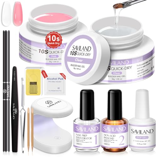 Saviland 15ml Builder Nail Gel In A Bottle Set, 10S Quick-dry Clear Pink Hard Gel Base & Top Gel with Castor Oil & Vitamin E Ingredient Strengthener Extension Repair Nail Art Home Salon