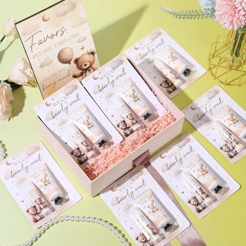 30 Set Gender Reveal Gifts for Guests 30 Pcs Bear Baby Shower Hand Cream and 30 Pcs Lip Balm with 1 Wooden Stand for Guests Baby Shower Prizes Party Favors Gender Reveal Souvenirs
